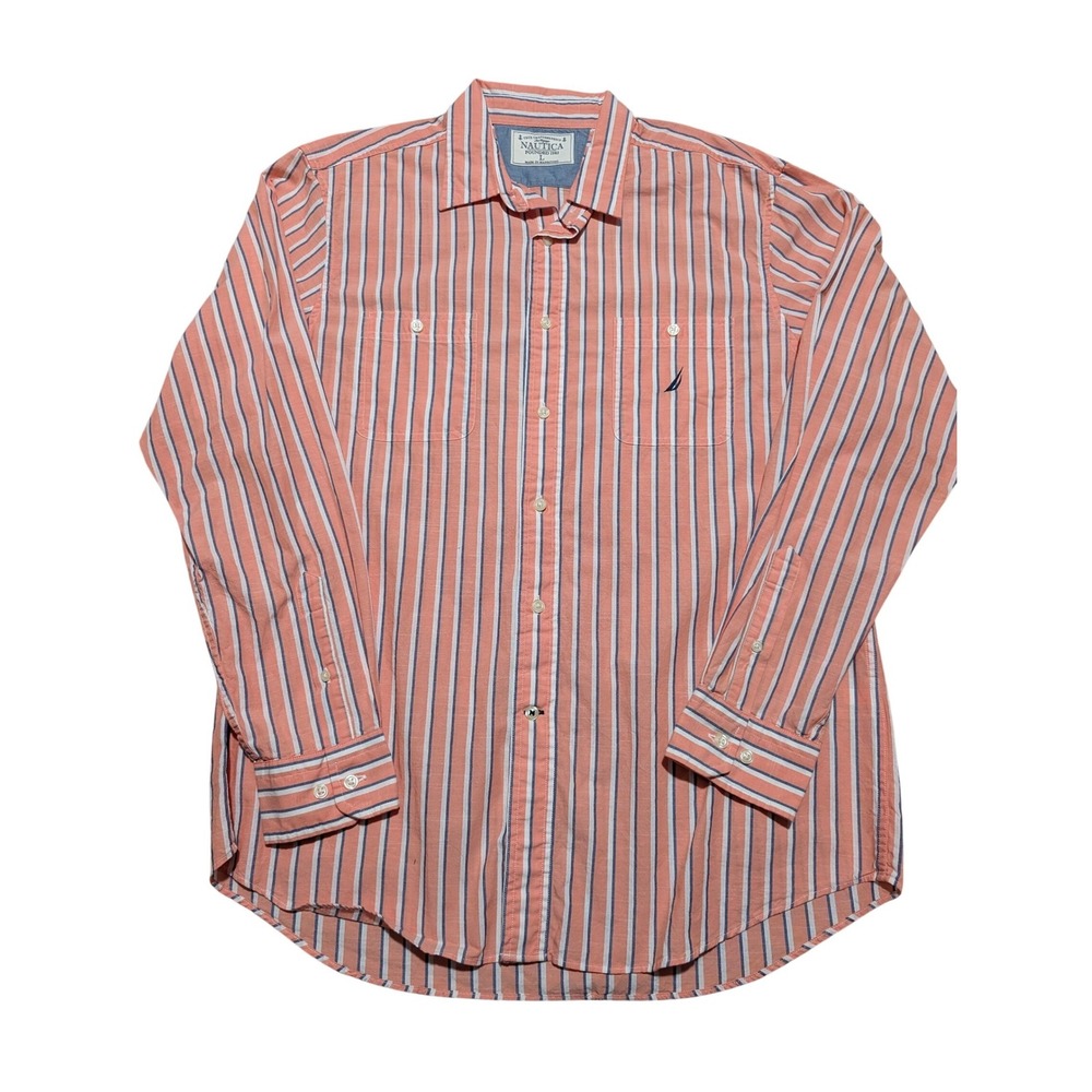 Nautica Button‎ Down Shirt Mens L Coral White Striped WR3204 Long Sleeve Cotton